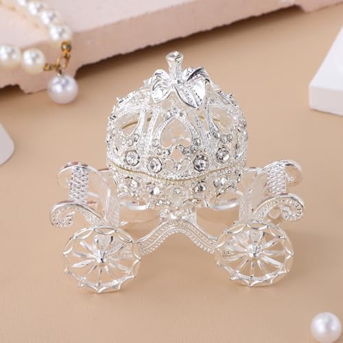 Ipetboom Rhinestone Trinket Box - 1pc Silver Pumpkin Carriage Princess Crystal Jewelry Box Alloy Pumpkin Cart Ornaments Display Holder Organizer for Accessories Cosmetics - 3.14x2.95x1.97in