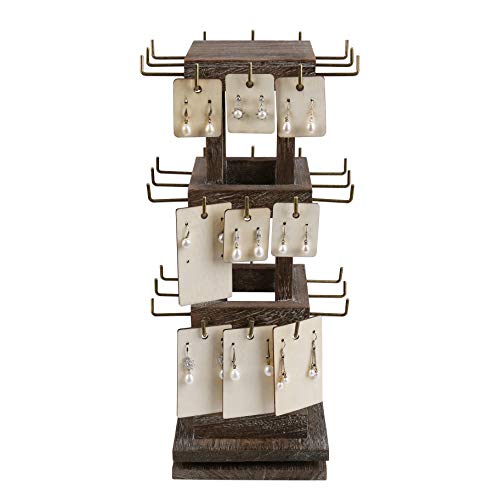 Ikee Design Wood Rotating Jewelry Display Stand Tower,Spinning Keychain Display Stand,36 Hooks Spinning Earring Display Rack for Vendor,Necklace,Bracelet, Coffee Color