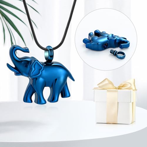 Cremation Jewelry for Ashes Elephant Shape Stainless Steel Keepsake Memorial Pendant Locket Urn Necklace for Pet/Human Blue