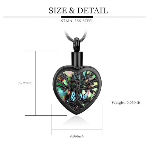 Yinplsmemory Tree of Life Cremation Jewelry for Ashes with Abalone Shell Heart Urn Ashes Keepsake Necklace for Women Ashes Holder Black