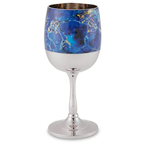 Elegant End of Shabbat Havdalah Set Nickel Plated Blue Marble Decal - Includes Matching Kiddush Cup Goblet and Tray, Havdualah Candle Holder, Besamim Spice Box - Shabbos Decorations By Zion Judaica