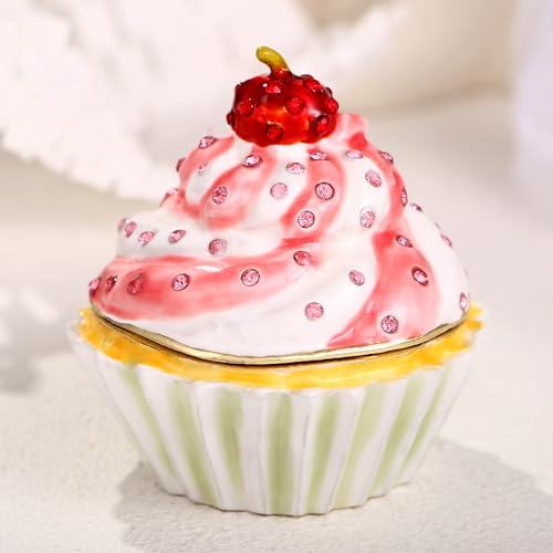 Hand Painted Enamel Cupcake Trinket Box, Hinged Jewelry Organizer Storage, Unique Home Decor Figurine Keepsake Collectible, Personalized Handmade Decoration Ornament Gifts (Pink Cupcake-Cherry) Pink Cupcake-Cherry