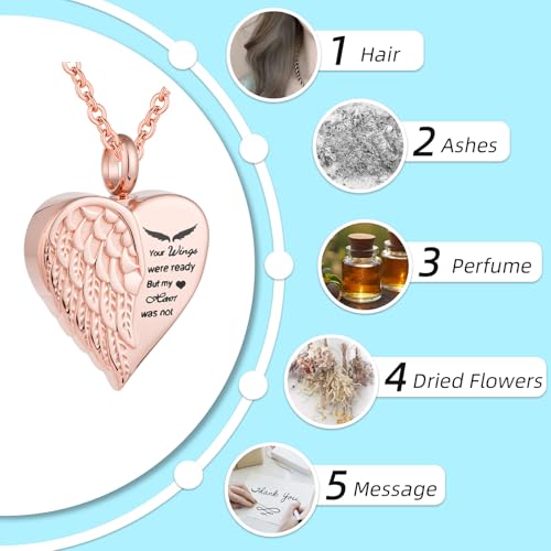 Cremation Heart Urn Necklace Ashes Jewelry for Women Men Angel Wing Urn Locket Ashes with Mini Keepsake Memorial Jewelry - Your Wings were ready But my Heart was not Rose Gold