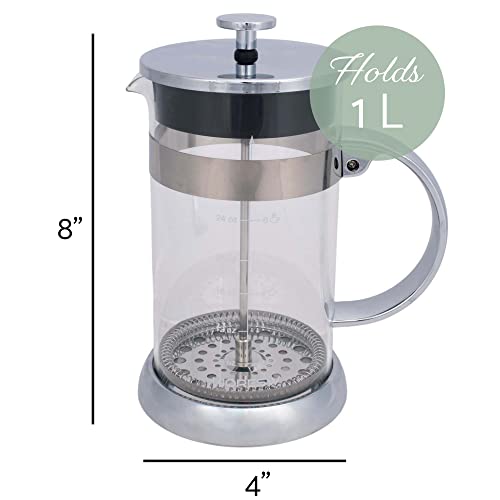 Elanze Designs Stainless Steel 1 Liter Glass French Press Coffee and Loose Leaf Tea Maker 1 liter Stainless Steel