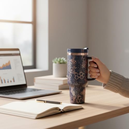 Tumbler, 40oz Tumbler, Western Tumbler, Engraved Cup with Handle, Cute Coffee Mug, 40oz Coffee Mug (Black/Gold(21)-Bee(B31)) Black r.Gold(16)-Bee(B31)