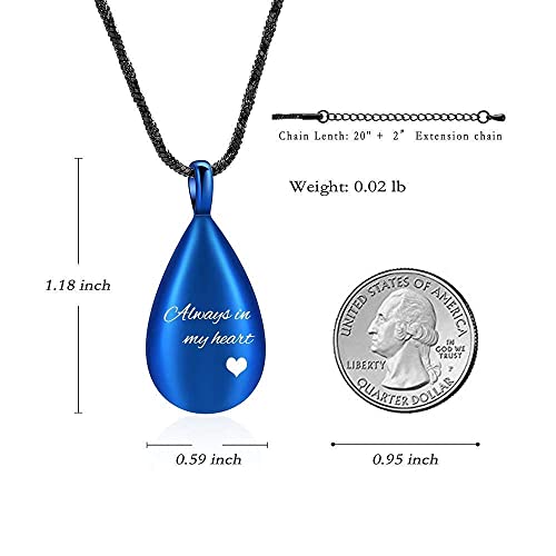 Yinplsmemory Carved Teardrop Keepsake Ashes Necklace Urn Pendant Cremation Memorial Jewelry-Always in my heart Blue