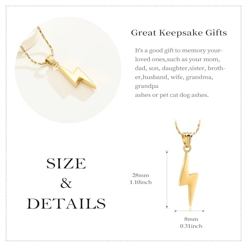 Lightning Bolt Urn Necklaces for Ashes Thunderbolt Cremation Jewelry for Ashes Keepsake Memorial Necklace for Women Men Jewelry Ashes Holder Vertical Lightning Urn Pendant A-Gold