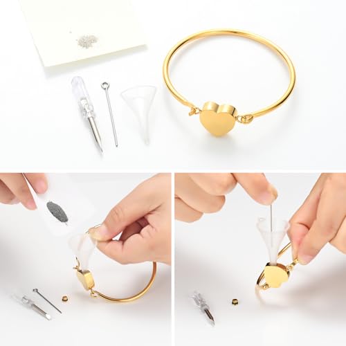 Heart Urn Bangle Bracelet for Ashes - Stainless Steel Cremation Jewelry for Ashes Engravable Memorial Keepsake Waterproof Ashes Holder Bracelet Unisex Sympathy Gift for Men & Women Gold