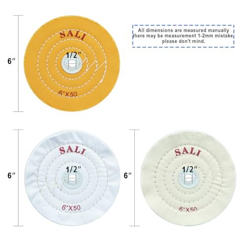 SALI Pack of 4 Polishing Discs Set for Drill and Polishing Stand, 150 mm Buffing Discs with Polishing Paste Kit for Metals & Wood, Yellow, White Cotton & 50-Ply Cotton Polishing Discs 6" - 4pcs Set of 4 6 inch polishing discs