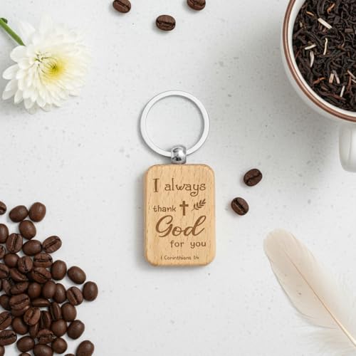 Christmas Gifts Wooden Keychain,Religious Gifts for Women,Christian Gift for Women,Christian Gift for Men,Unique Christening Presents,Baptism Presents for Adults,Godparent Present,Bible Verse Present I Always Thank God for You-wooden Keychain