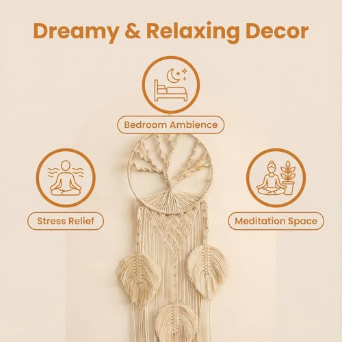 White Macrame Dreamcatcher Wall Hanging, 37” Long Vertical Boho Decor with Feathers & Tree of Life, Handmade Cotton Weaving for Bedroom, Meditation Space, Yoga Studio - Calming Spiritual Gift