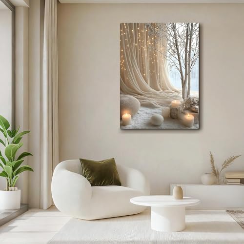 Qiukoo Canvas Wall Art Framed – Cozy Neutral Candle Lights Artwork, Soft Winter Hygge Style Wall Decor for Bedroom, Living Room, Hallway or Entryway Home Decoration, with Hooks and Nails, 12x16 Inch 40L x 30W cm