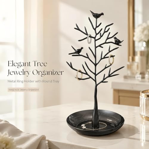 Jewelry Tree Stand Holder with Tray Ear Ring Organizer Black