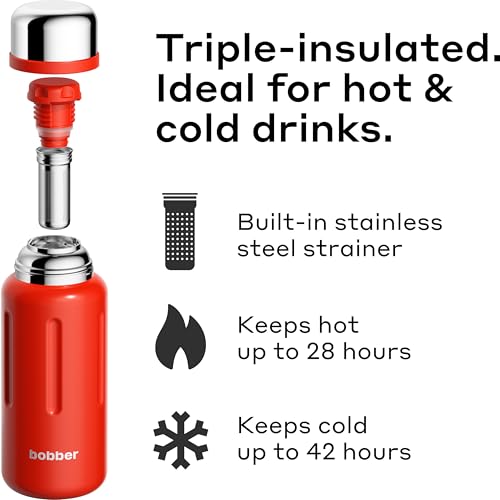 BOBBER 26 oz Stainless Steel Heavy Duty Thermo Flask with Removable Tea Infuser – Keeps Hot 28 Hours, Cold 42 Hours – Rugged, Leak-Proof, Dishwasher Safe Vacuum Insulated Bottle (Red) 26 Ounces Cayenne Red