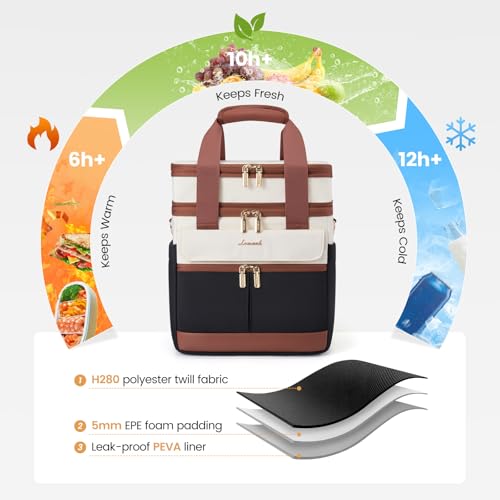 LOVEVOOK Insulated Lunch Box for Women,X Large Adult Lunch Cooler Bag Men Black with Off White with Brown Extra Large - 23 l