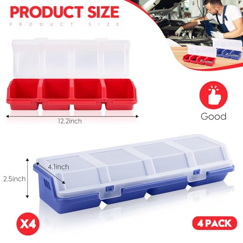 Duogalia 4-pack screw organizer boxes with lids, stackable 4-compartment tool bins in blue, red, black and grey