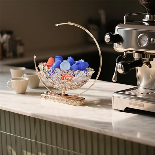 Metal & Crystal Coffee Pod Holder & Candy Basket - Elegant Multipurpose Storage Organizer for K Cups, Espresso Pods, Treats - Kitchen, Office, Home Bar (Gold, 2 PCS) Gold