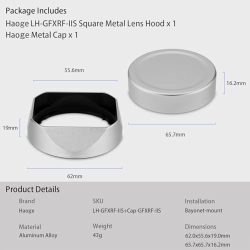 Haoge Metal Square Lens Hood for Fujifilm GFX100RF Camera Accessories Silver LH-GFXRF-IIS+Cap-GFXRF-IIS