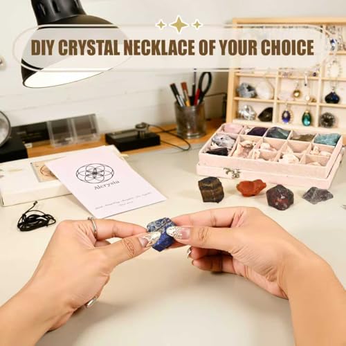 Set of 12 Raw Crystals and Healing Stones for Each Month with Guide, Meditation Tools for Chakra Work, Reiki and Energy Healing with DIY Necklace Set and Clear Quartz Pendant, Unique Gift