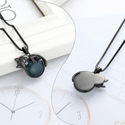 XSMZB Pet Cremation Ashes Jewelry Moonstone Cat Urn Necklace for Ashes for Women Men Lovely Cat Memorial Urn Locket Keepsake Pendant Gift Black Cat