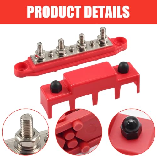 250A Busbar 12V Distribution Block, Power Distribution Block with 5/16 Inch (M8) 4-Post Terminal Block & Cover, Busbar Distribution Block M8 for Car Marine RV RV Truck Electrical System