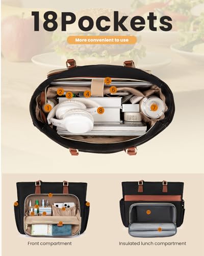 LOVEVOOK Lunch Tote Bag for Women, Work bag with Insulated Lunch Compartment, 15.6 Inch Laptop bag with Cup Holder Large Lunch Bag Purse for Teacher, Nurse, Office, Travel, College, Daily Black-brown-Beige 17.3 inch