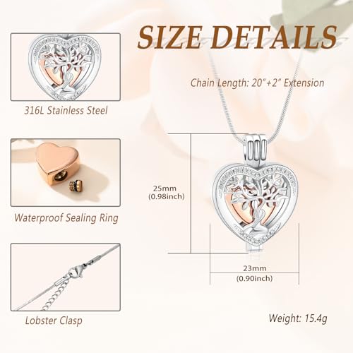 Minicremation Tree of Life Cremation Jewelry Crystal Heart Urn Ashes of Loved One Necklace for Women Funeral Memorial Keepsake Necklace Ashes Holder Silver&Rose Gold