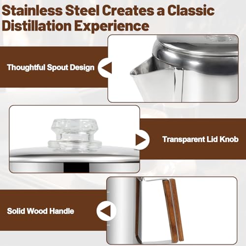 9 Cup Percolator 304 Stainless Steel Coffee Pot Coffee Maker Coffee Machine with Solid Wood Handle Transparent Knob Stovetop Greca Mocha for Induction Home and Camping 1500ml 50.7oz Silver 9 Cup