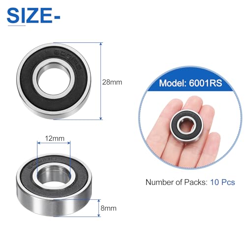 sourcing map 10pcs 6001RS Deep Groove Ball Bearings 12x28x8mmmm High Carbon Steel Double Sealed Bearings for Electric Motor, Home Appliances, Garden Machinery, Silver Tone 11 x 28 x 7mm 10