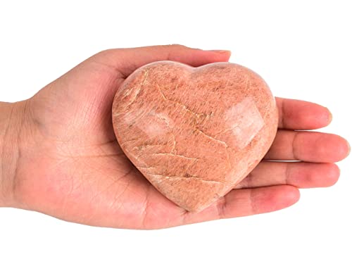 JIC Gem Large Orange Moonstone Heart Shaped Healing Crystal Love Palm Worry Stone Pocket Gemstone with Display Stand Chakra Balancing Chakra Balancing 3-3.3 Inch