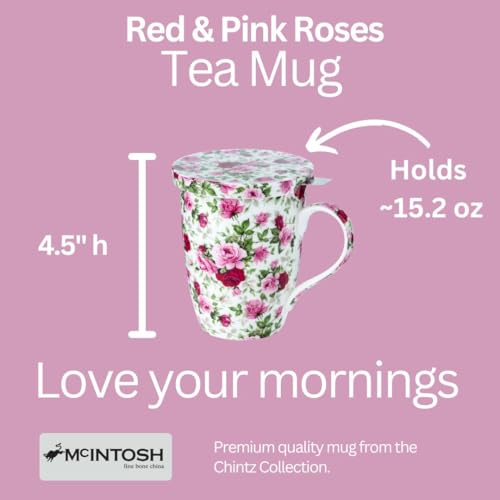 McIntosh Chintz Red and Pink Roses fine bone china tea mug with lid and infuser, showcasing elegant floral design.