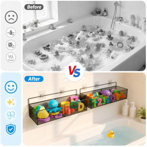 2 Pack Bath Toy Storage Basket, Wall Mounted Metal Mesh Bathtub Organizer with Drainage, Rust Resistant Space Saving Shower Holder for Kids Toys and Bathroom Toiletries