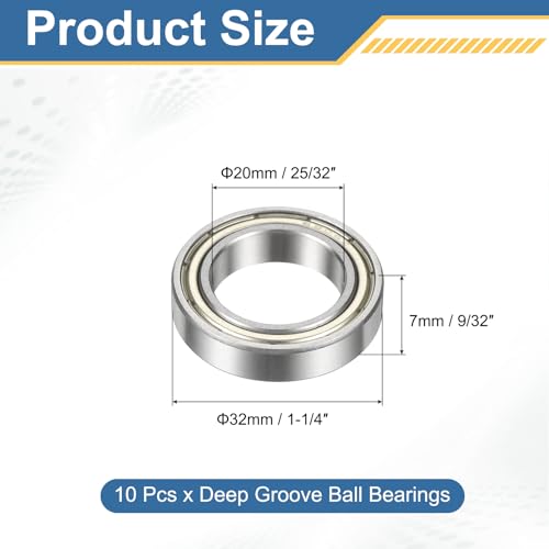 sourcing map 10Pcs 6804-Z Deep Groove Ball Bearing, 20mm x 32mm x 7mm Double Metal Shielded Bearing Precision for Electric Motor, Drives Wheels, Power Tools 10