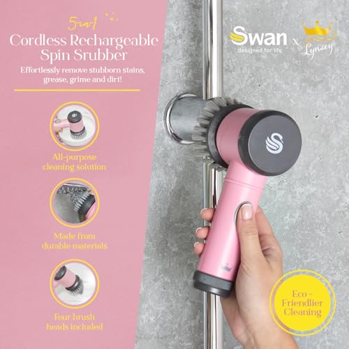 Swan x Lynsey TV's Queen of Clean 5-in-1 Cordless Spin Scrubber with 5 Cleaning Heads & Wall Holder, Rechargeable Scrubbing Brush, IPX5 Waterproof for Showers, Hobs & Tiles, Pink, SWFC1003QOCN