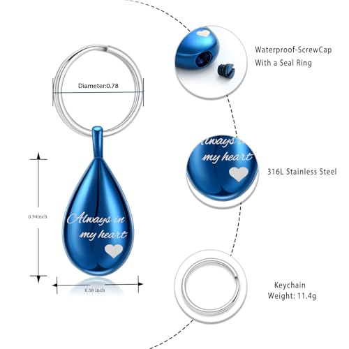 Cremation Keychain for Ashes Always In My Heart Urn Locket Cremation Jewelry Teardrop Memorial Keepsake Keychain Blue