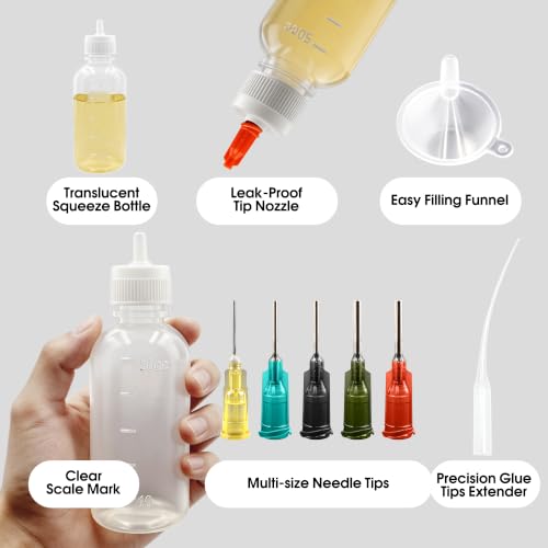 WHFRTNS 50ml translucent needle tip glue squeeze bottle with blunt metal applicator tips in assorted gauges
