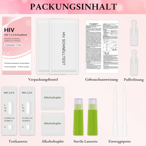 2x Home HIV Self Test - Detection of HIV-1, HIV-2 & Subtype O | Result in 10 minutes · 2 complete test kits · Easy to use · Hygienic · For home use pink