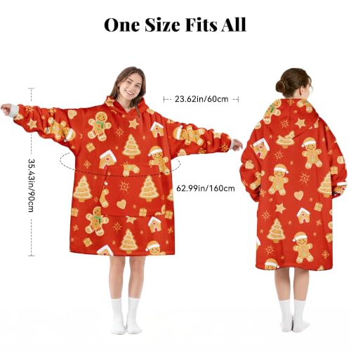 Christmas Oversized Blanket Hoodie Wearable Warm Soft Sherpa Red Gingerbread Man