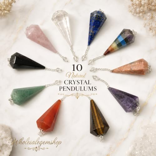 Wholesale Gem Shop 10 Piece Assorted Natural Crystal Pendulum Set, Gemstone Reiki Pendulums for Dowsing, Chakra Healing, Meditation, Divination, Energy Work & Metaphysical Gifts