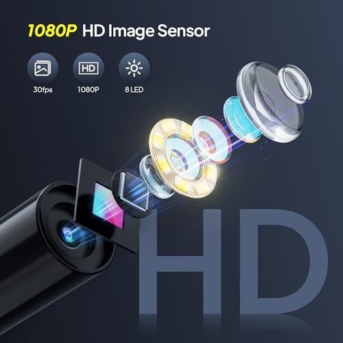 Qimic Endoscope Camera with Light, 1080P HD Tube Camera with 8 LEDs, 2.4 Inch IPS IP67 Screen, Inspection Camera, Live Picture with 2 x Zoom, Semi-Rigid Cable, 16.4 ft, 2000 mAh Battery 2.4in-5m