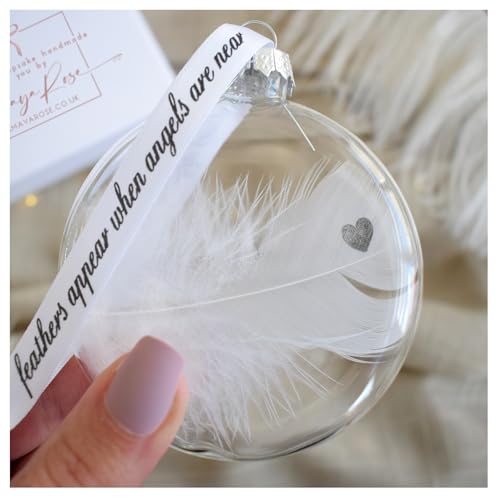 Heart Stamped Real White Feather in Glass Round Bauble. Gift Boxed Christmas Tree Hanging Decoration. Spiritual Angel Gift