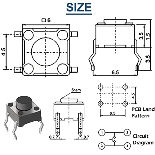 Miniature Micro Switch, 4 Pin Tactile Push Button 6 x 6 x 5 mm Momentary Tactile Button Switch Touch Electronic Components, for Panel PCB (Pack of 100) 4 Pin 6x6x5 Tactile Push Switch