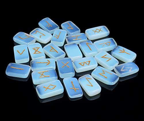ZAICUS Opalite Rune Stones Set with Engraved Elder Futhark Runic Alphabet Pagan Lettering Viking Runes for Divination Norse Witchcraft Healing Crystal Reiki Gemstones Irregular Shaped 25 Pcs #20 Opalite Rune