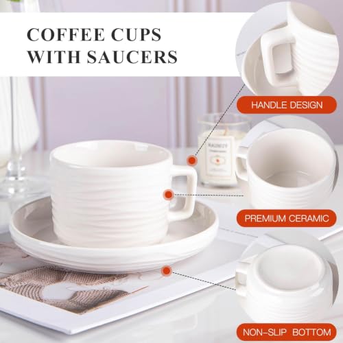 Cappuccino Cups and Saucers Set, 10 OZ White Porcelain Coffee Cups