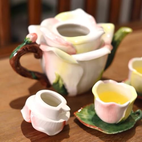 Ceramic Mini Rose Tea Pot Set, 3D Hand-painted Flower Cup and Leaves Saucer, Set of 5