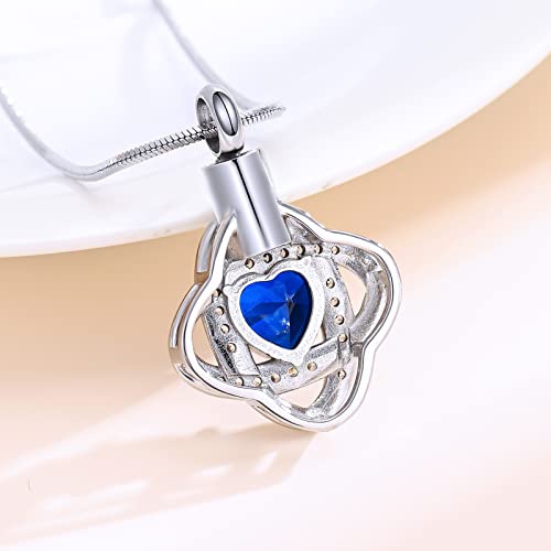 Minicremation Cremation Heart Urn Necklace Ashes Love Heart Pendant Birthstone Necklace Jewellery Gifts for Women Girl Keepsake Pendant Memorial Locket Ash Silver-Blue