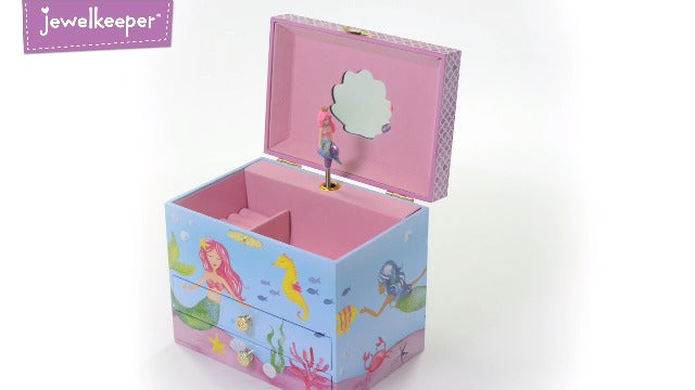 Jewelkeeper Mermaid Design Musical Jewelry Box with 2 Pullout Drawers - Contains Little Girls Jewelry Set of 3 - Birthday Present - Music Storage for Little Princess Mermaid with Accessory