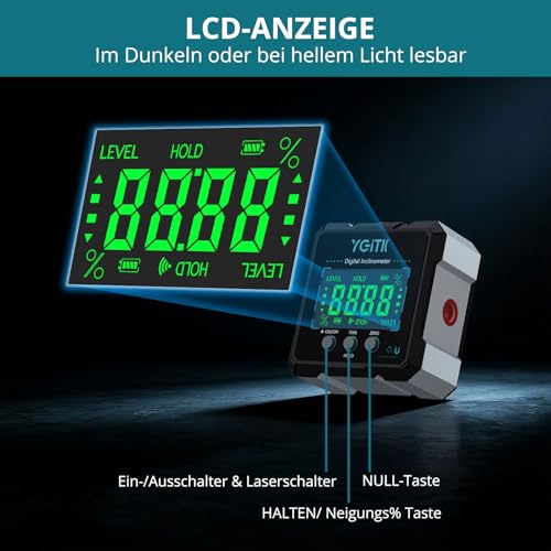 Digital Protractor LCD Display Inclinometer with Laser | 4-sided magnetic spirit level, IP54 waterproof, USB-C charging, ideal for DIY enthusiasts and carpenters Blue