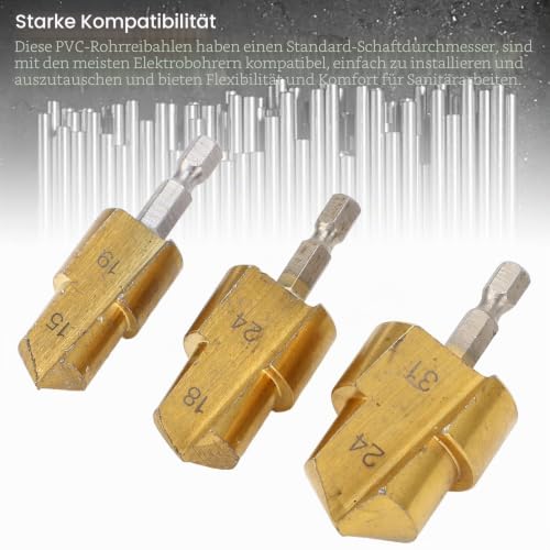 PPR Pipe Reamer Step Drill Set 3 Pieces PVC Pipe Reamer High Strength Carbon Steel Sanitary Tools 19 mm 24 mm 31 mm Hex Shank for PVC Plastic Pipes Pipe Reamer Tool