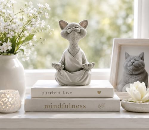 Meditating Happy Cat Statue – Zen Mindfulness Decor for Cat Lovers Gray
